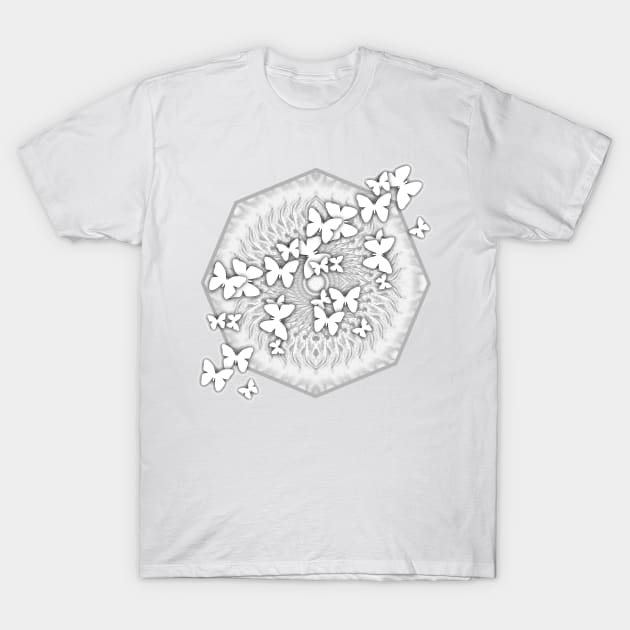 White butterflies on grey kaleidoscope T-Shirt by hereswendy